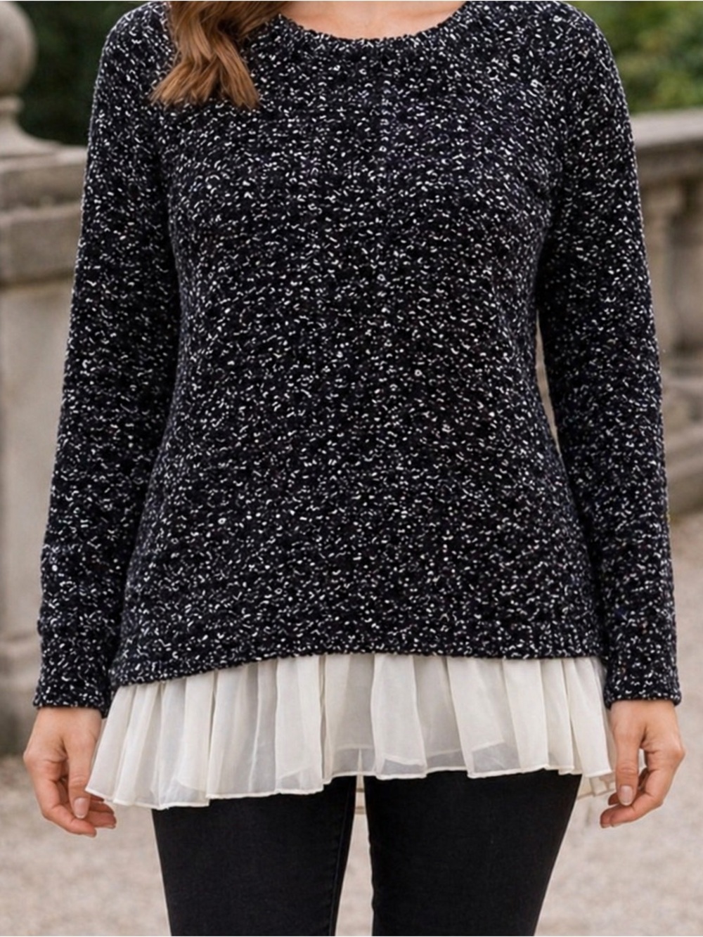Katsumi Sweater Womens S/M Black Layered Pullover White Ruffle Hem Y2K Preppy